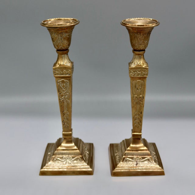 Metal Antique French Brass Candlesticks, Pair — Louis XVI Style Repousse, Early 20th Century For Sale - Image 7 of 9
