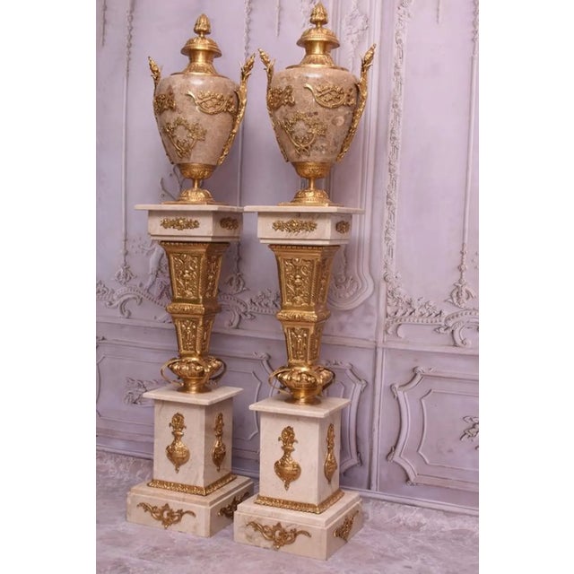 Late 20th Century Pair of Large Neoclassical Beige Marble and Ormolu Bronze Urn Amphorae With Matching Pedestals For Sale - Image 5 of 16