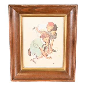 Vintage Norman Rockwell Framed Print of Children Playing Marbles