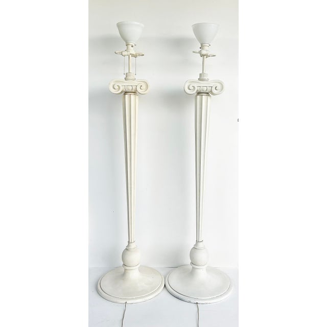 Diamond & Baratta Morris Lapidus Eden Roc Hotel Floor Lamps, a Pair Offered for sale is a pair of carved wood ionic column...