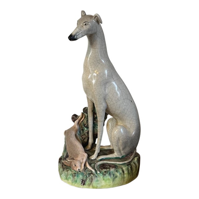 Very Large Antique 19th Century English Staffordshire Pottery Dog Figure of a Greyhound or Whippet and Hare or Rabbit For Sale