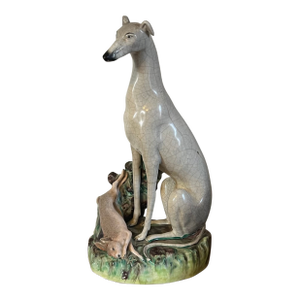 Very Large Antique 19th Century English Staffordshire Pottery Dog Figure of a Greyhound or Whippet and Hare or Rabbit