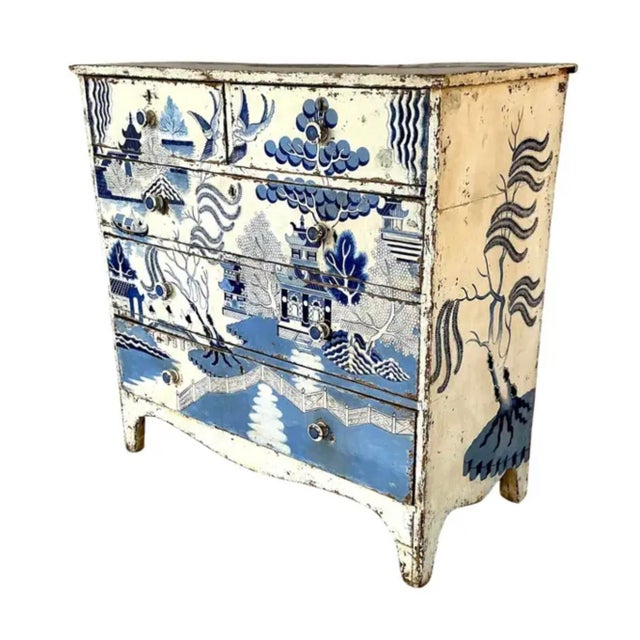 This George III Chest Later Painted features the blue and white 'Willow" pattern, a popular style of Chinoiserie...