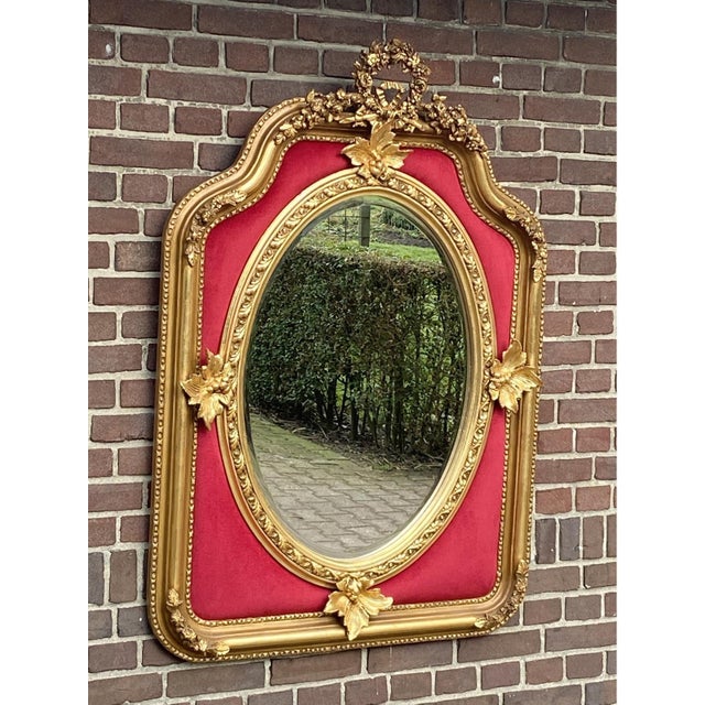 Mid-20th Century French Louis XVI Gold Leaf Wall Mirror With Ruby Velvet For Sale - Image 9 of 12