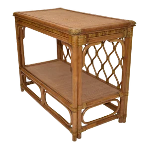 Boho Chic Bent Bamboo & Cane Handwoven Top Dry Bar Console Table Wine Rack 70