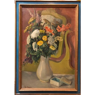 Joseph Raskin, VASE WITH FLOWERS IN MIRROR Modernist Oil Painting Joseph Raskin WPA Artist For Sale