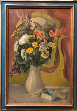 Joseph Raskin, VASE WITH FLOWERS IN MIRROR Modernist Oil Painting Joseph Raskin WPA Artist
