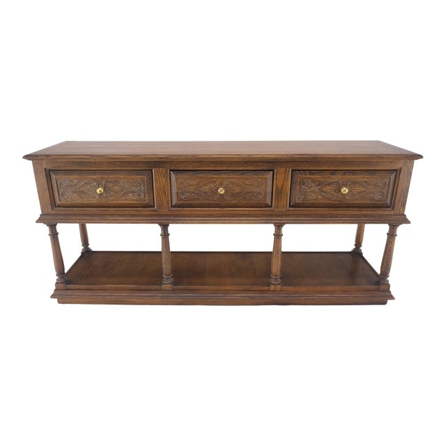 Spanish Colonial Carved Oak 3 Deep Drawer Sideboard Credenza Buffet Console MINT For Sale
