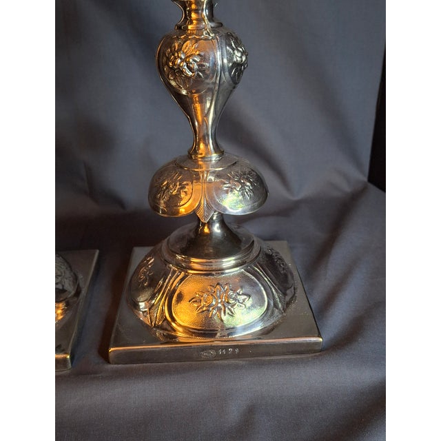 Silver Antique Polish Judaica Silver Plated Shabbat Candlesticks Chaim Grun Warsaw 12" For Sale - Image 8 of 18
