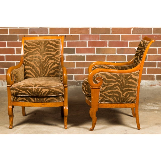 French Walnut 19th Century Bergère Chairs with Carved Arms and Zebra Upholstery For Sale - Image 9 of 12
