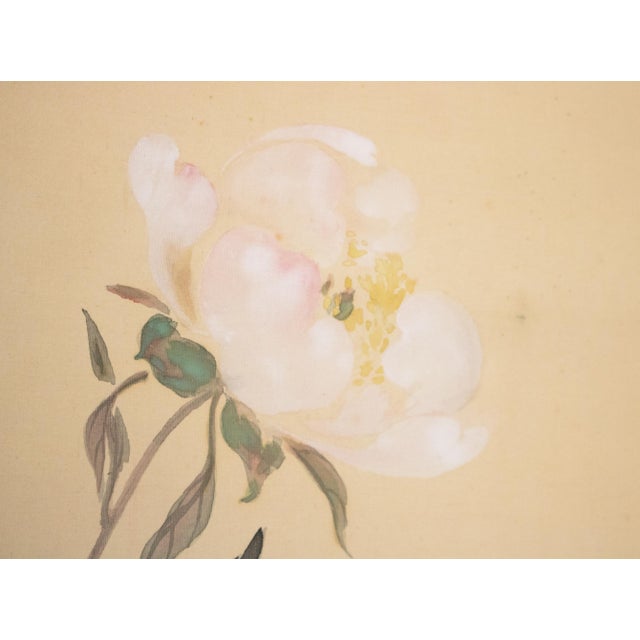 "Sleeping Cat and Peony Flower" by Shuto, Japanese Silk Scroll Watercolor Painting For Sale - Image 10 of 18