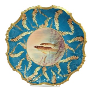 French Limoges Hand-Painted Fish Plate With Gilt Rim, Circa Early 20th C. For Sale