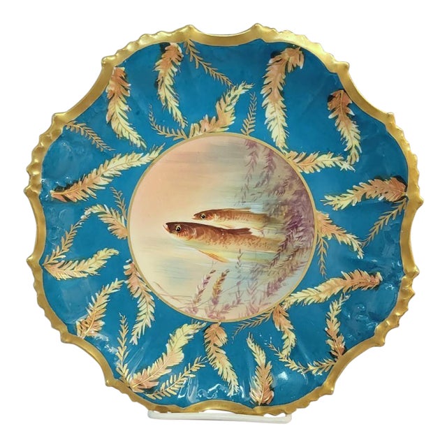 French Limoges Hand-Painted Fish Plate With Gilt Rim, Circa Early 20th C. For Sale