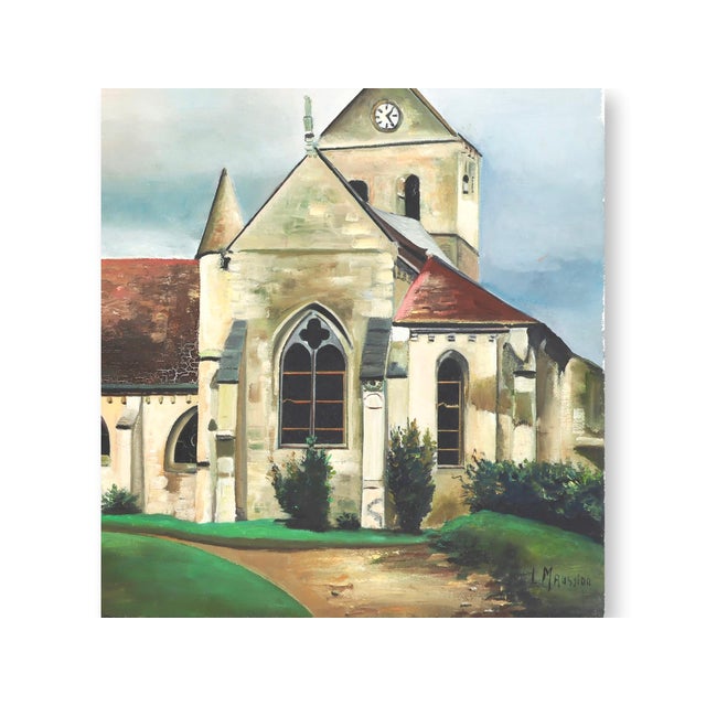 Mid 20th century oil on canvas painting depicting a French countryside church with clock tower and warm earth-toned...