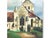Mid 20th century oil on canvas painting depicting a French countryside church with clock tower and warm earth-toned...