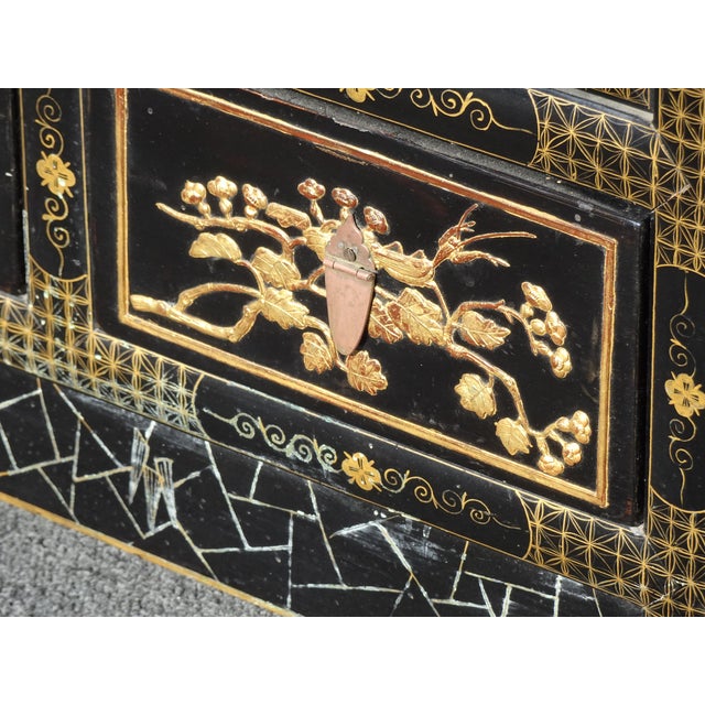 Vintage Oriental Chinese Chinoiserie Black Lacquer Cabinet W Drawers 1of2 For Sale - Image 12 of 15