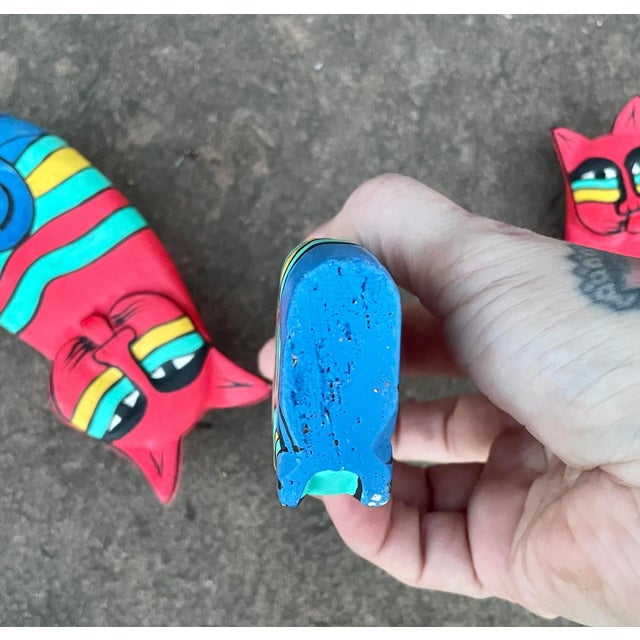 Cerise Vintage Hand-Painted Folk Art Cats- Set of 3 For Sale - Image 8 of 9