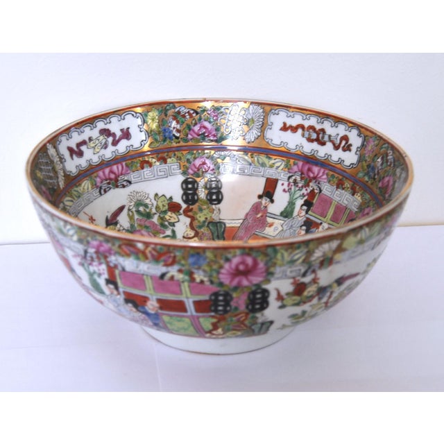 Late 19th Century Cantonese Famille Rose Punch Bowl With Qianlong Reign Mark For Sale - Image 4 of 9