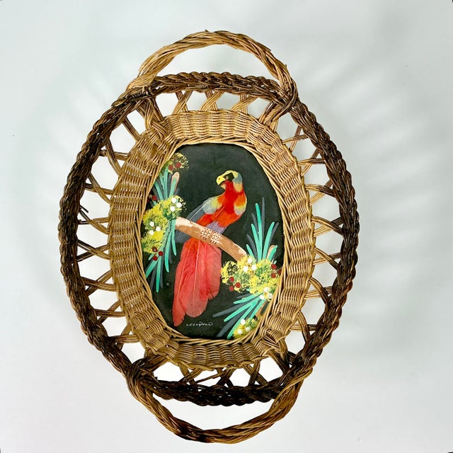 This is a detailed Mexican feather art bird painting framed in a woven wicker basket. We have curated these feather mixed...