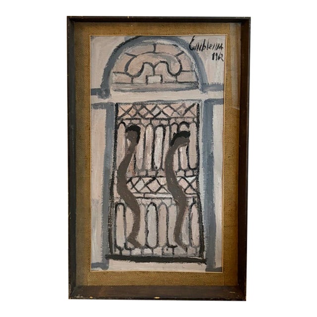 Original Mid Century Salvatore Emblema Painting on Jute - Two Figures at a Door, Signed For Sale