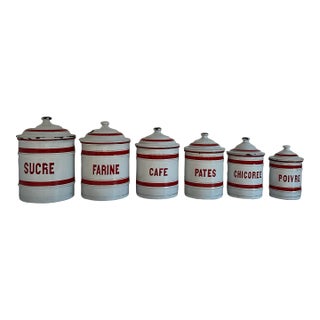 1930s French Enamel Spice Canister Set of Six in Red & White For Sale