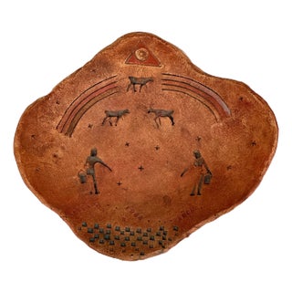 Vintage Ceramic Hand Made Folk Art Decorative Bowl With Farming Scene, Signed Circa 1980s For Sale