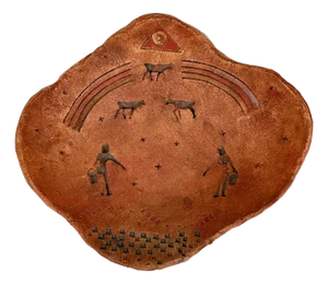 Vintage Ceramic Hand Made Folk Art Decorative Bowl With Farming Scene, Signed Circa 1980s