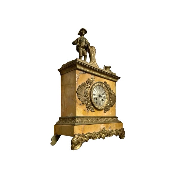 English Clock Antique Marble With Sculpture and Brass Accent Mantel French Decor For Sale - Image 3 of 11