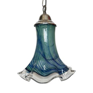 Lavorazione Murano Chrome Art Glass Blue Green Swirl Ruffled Rim Pendant Light For Sale