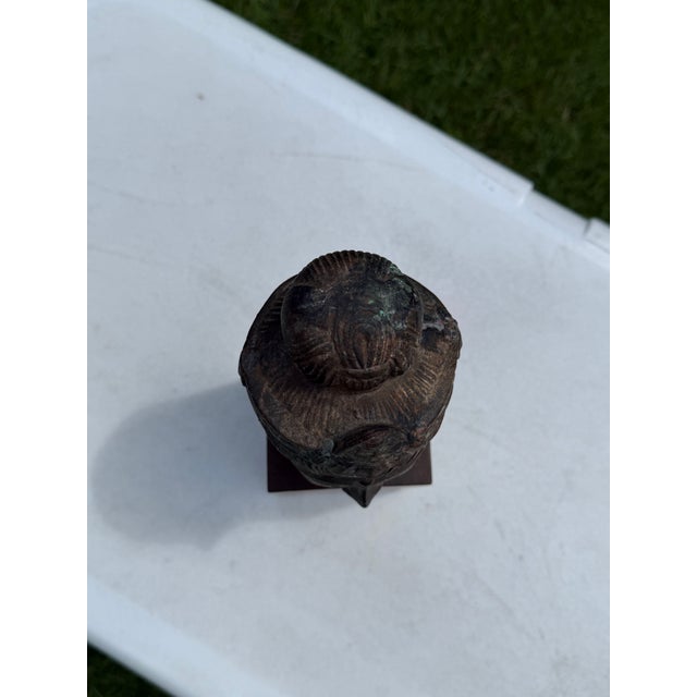 Vintage Asian Bronze Buddha Head on Wood Pedestal For Sale - Image 11 of 12