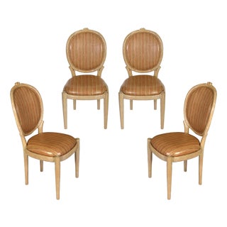 Set of Four Faux Bois Dining Chairs in Laminated Vintage Fabric For Sale