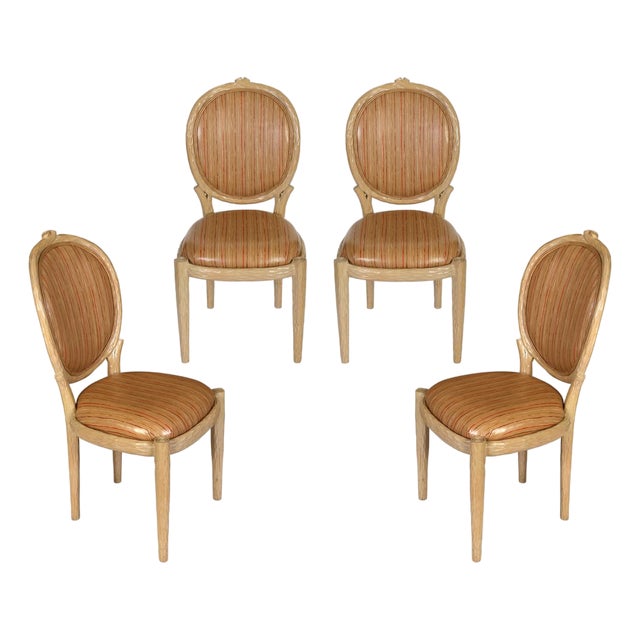 Set of Four Faux Bois Dining Chairs in Laminated Vintage Fabric For Sale