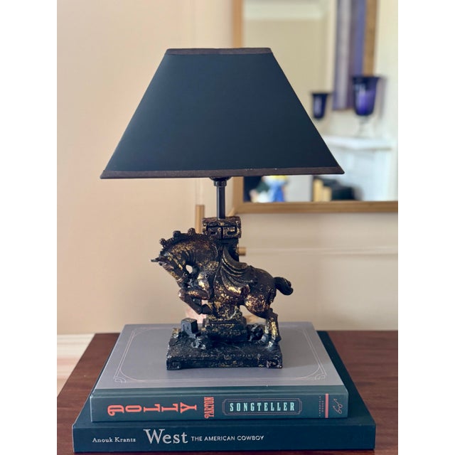 Figurative Vintage Figural Black and Gold Horse Lamp With Original Black Shade- Horse Lamp For Sale - Image 3 of 8