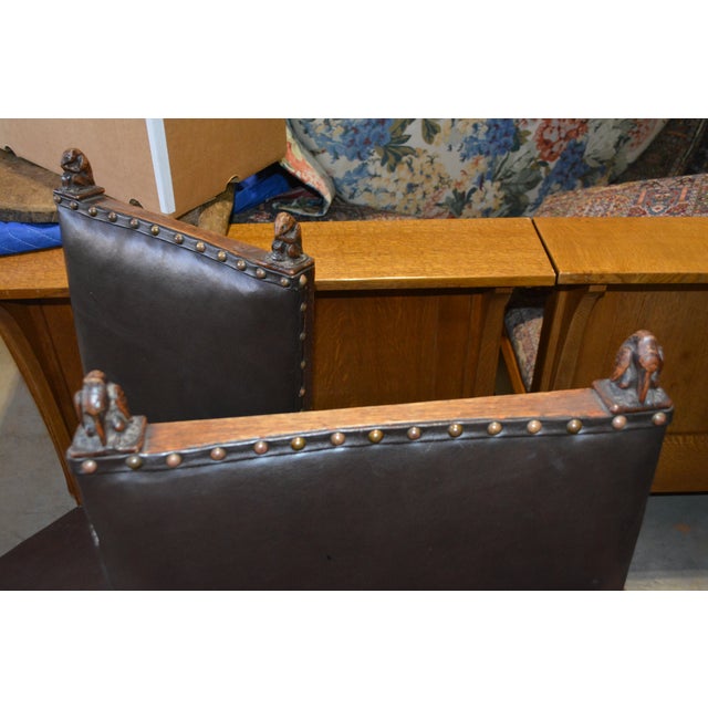 Late 19th Century English Oak Barley Twist Leather Dining Chairs Carved Animals Finials For Sale - Image 10 of 18