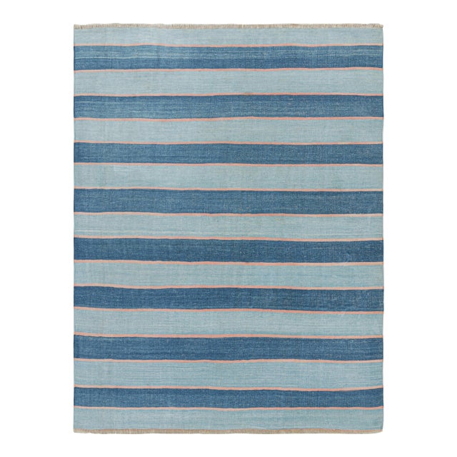 Rug & Kilim's Contemporary Dhurrie Rug in Blue Stripes - 13x19 For Sale