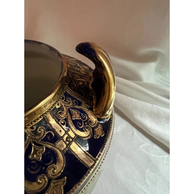Antique Nippon Porcelain Scenic Vase, Hand-Painted Cobalt Blue & Gold For Sale - Image 10 of 11