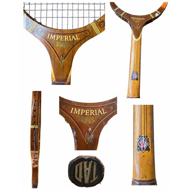 A beautiful collection of three authentic mid-century wooden tennis rackets representing the golden era of American...