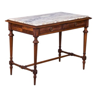 Antique French Louis XVI Style Walnut Console Table W/ Calacatta Marble For Sale