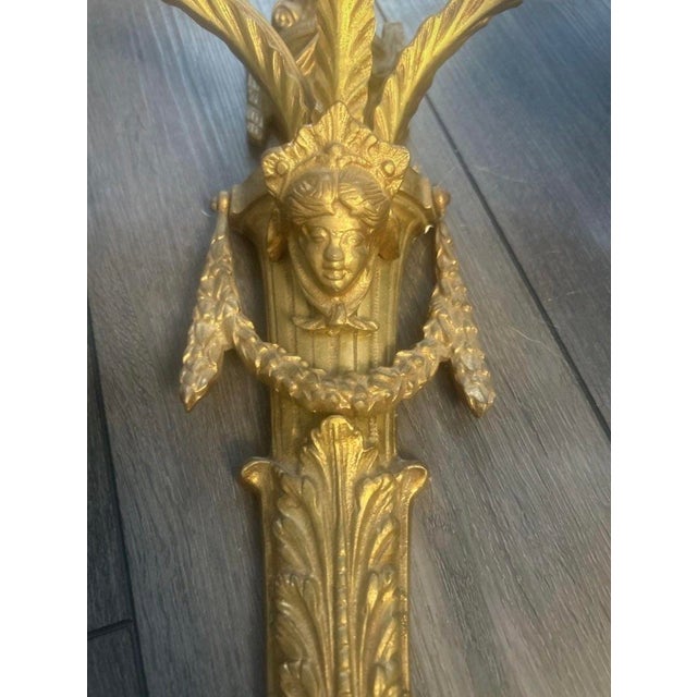 Vintage Neoclassical Gilt Brass Figural Three-Light Wall Sconces - a Pair For Sale In Los Angeles - Image 6 of 12