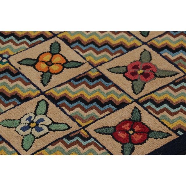 Antique Hooked Runner in Brown With Floral Patterns & Chevrons | Rug & Kilim For Sale In New York - Image 6 of 7