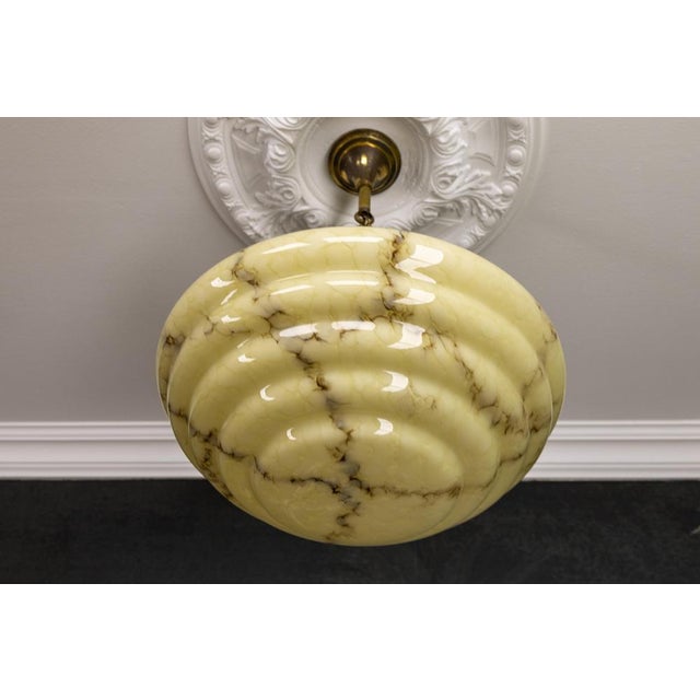 Art Deco Layered Marbled Yellowish Beige and Brown Glass and Brass Pendant Light, 1950s For Sale - Image 6 of 18
