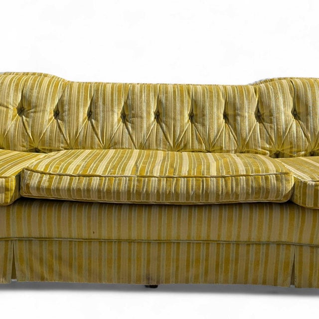 Vintage 96” Tufted Striped Sofa – Mid-Century Curved Back Couch, Cleaned + New Foam Included, Unique Hollywood Regenc... For Sale - Image 12 of 18