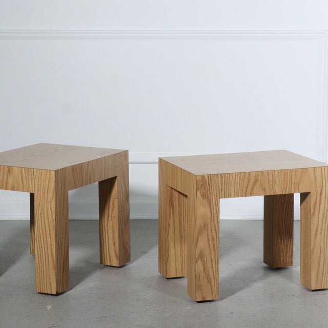 Modern faux woodgrain parsons style side tables. Wonderful vintage condition. 18”W x 14”D x 16”H