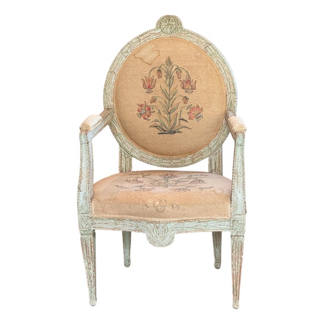 18th Century Swedish Painted Armchair With Needlepoint Upholstery For Sale