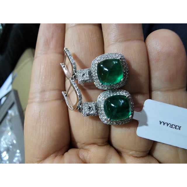 Natural Zambian Emerald Caboshan 8.42 Carats and Diamonds 1.54 Carats /14k Gold, A Pair For Sale - Image 18 of 18