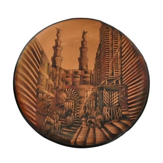 1940s Wall Plate Egyptian Revival Copper Etching of Antique Cityscape Art Deco For Sale - Image 5 of 8