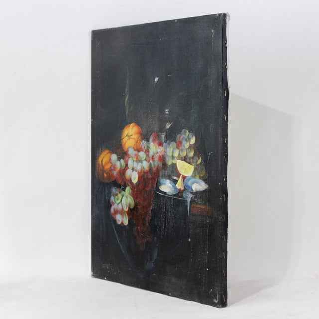 Textile Vintage Dark Still Life Oil Painting of Grapes, Orange, and Shells For Sale - Image 7 of 12
