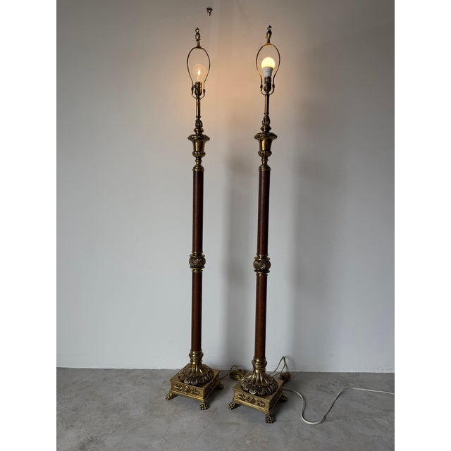 Hollywood Regency Vintage Neoclassical Style Brass & Leather Column Floor Lamps — A Pair For Sale - Image 3 of 12