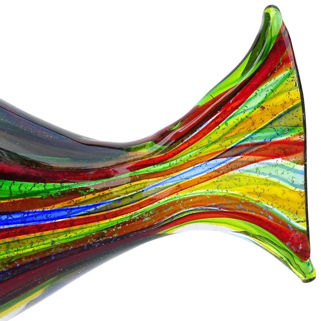 Mid-Century Modern Murano Avem Rainbow Colors Silver Gold Flecks Italian Art Glass Vintage Striped Fish Figurine Sculpture For Sale - Image 3 of 6