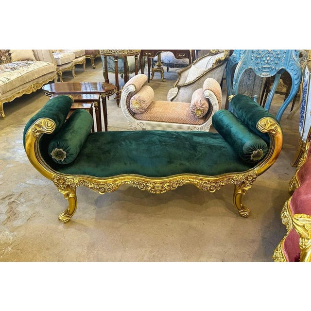 Baroque Baroque Style Dark Green Velvet Bench With Gold Details For Sale - Image 3 of 3